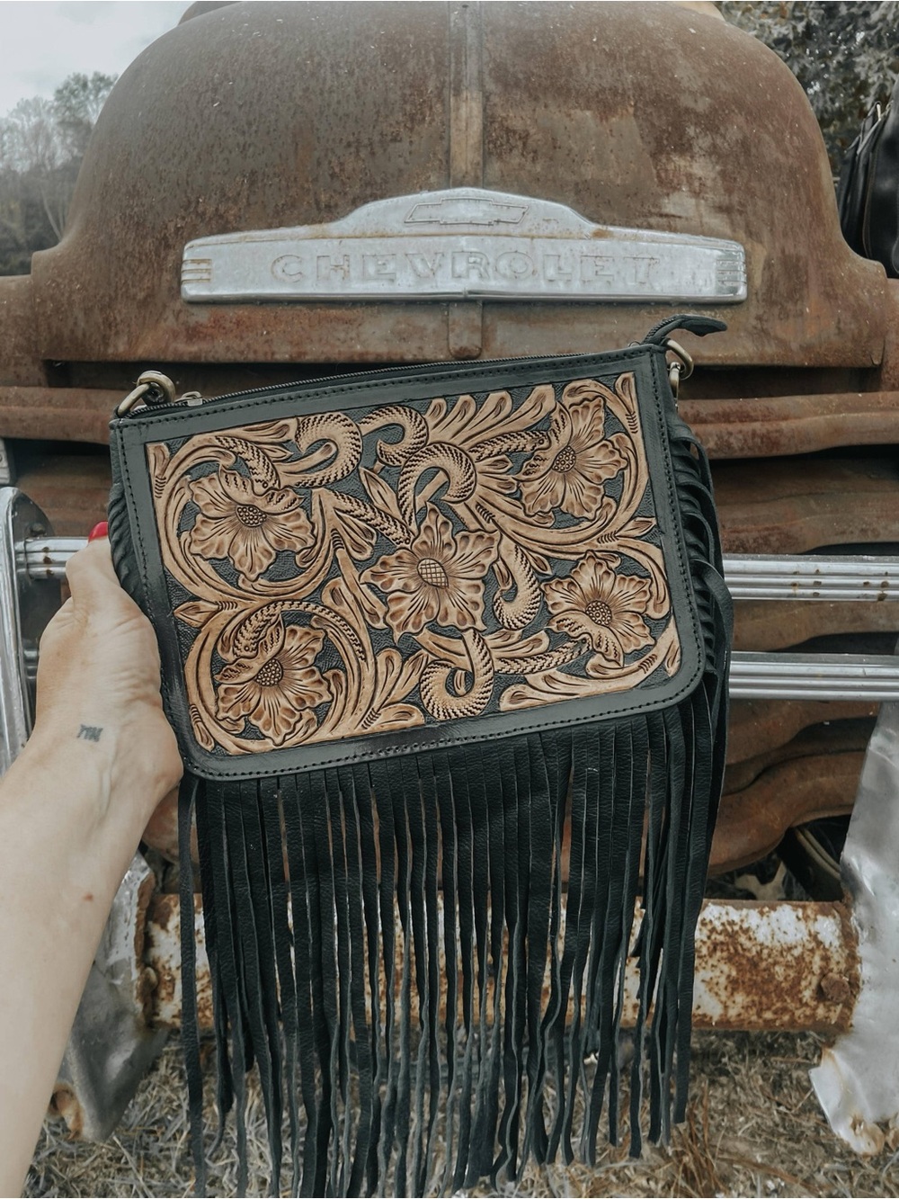 Hand-Tooled Floral Fringe Crossbody Bag - Black & Tan